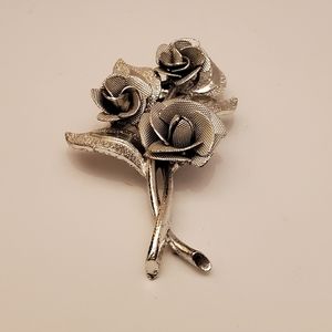 Silver Tone Long Stem Rose Flower Brooch Textured & Shiny Pin